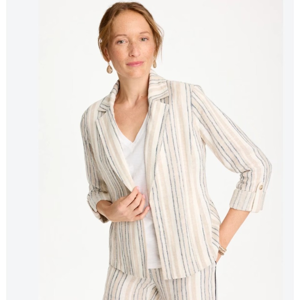 Chico's Striped Linen Blend Blazer Cardigan Beige Blue Size 3 US 16 570409706